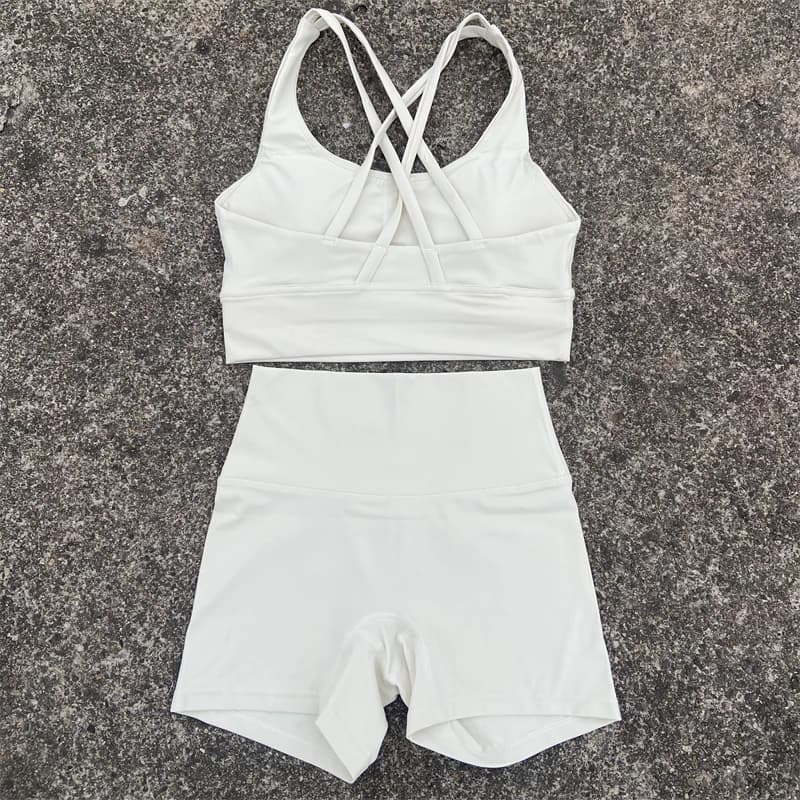 Yoga Shorts Set Gym Sports Set Women Workout Clothes 2 Piece Fitness Suit Cross Straps Bra High Waist Shorts Running Tracksuit