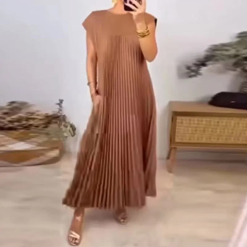 Women Dresses 2026 New fashion casual round-neck sleeveless pleated dress autumn spring women's clothing vestidoes