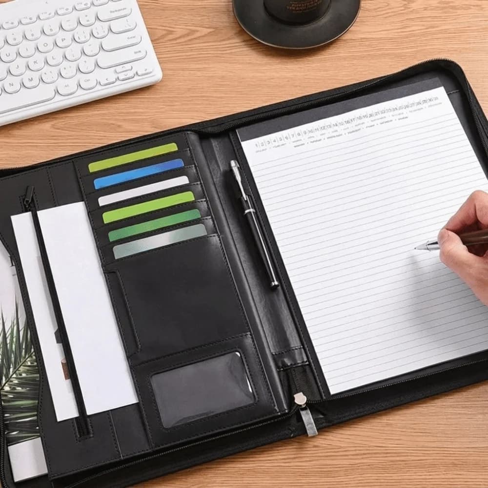 Office Supplies A4 PU Document Folder with Zipper Durable Padfolio Waterproof Multi-functional Document Organizer Meeting