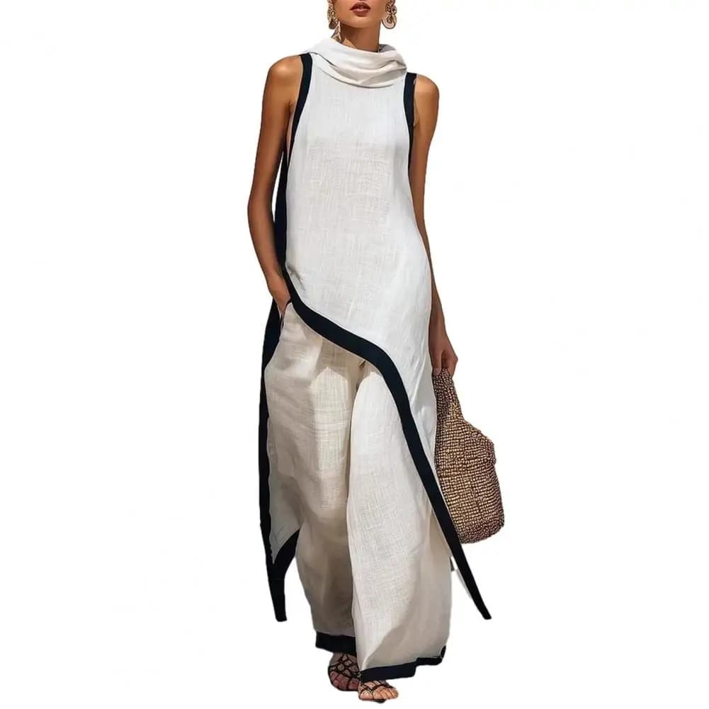 Women Fashion  Color Block Cotton Linen Two-Piece Outfit Asymmetrical Hem Mock Neck Sleeveless Top Wide-Leg Pants Vacation Sets