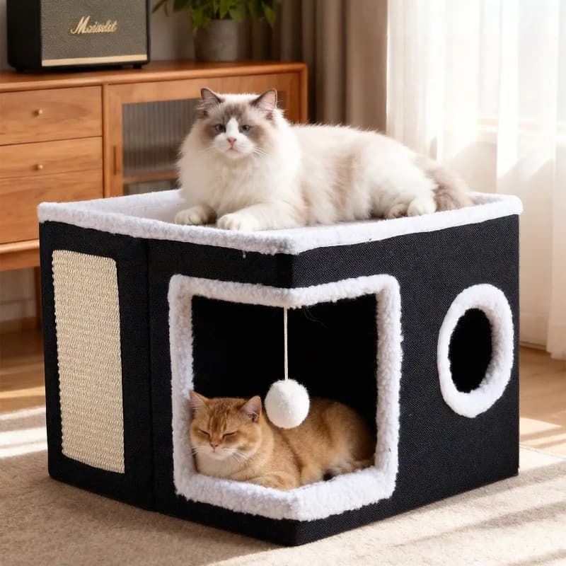 Foldable Plush Cat Cave Bed with Scratching Pad