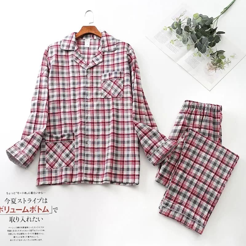 Pajama Men Clothing Sets for Spring Autumn and Winter Long-sleeved Trousers Suits Brushed Cloth Cotton Plaid Pajamas Men Suit