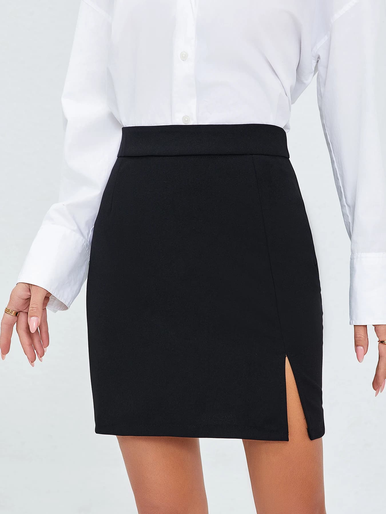 Black High Waist Mini Skirt with Side Slit