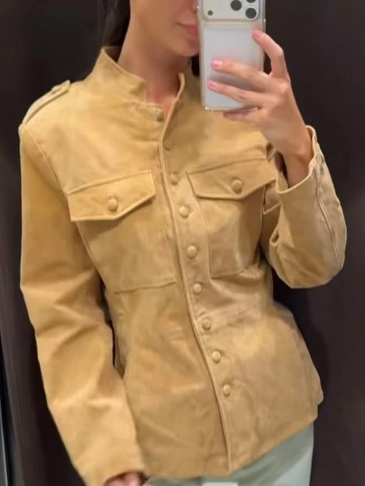 Fashion Jacket For Women 2026 Spring Autumn Classic Vintage Suede Stand Collar Single Breasted Casual Versatile Short Streetwear