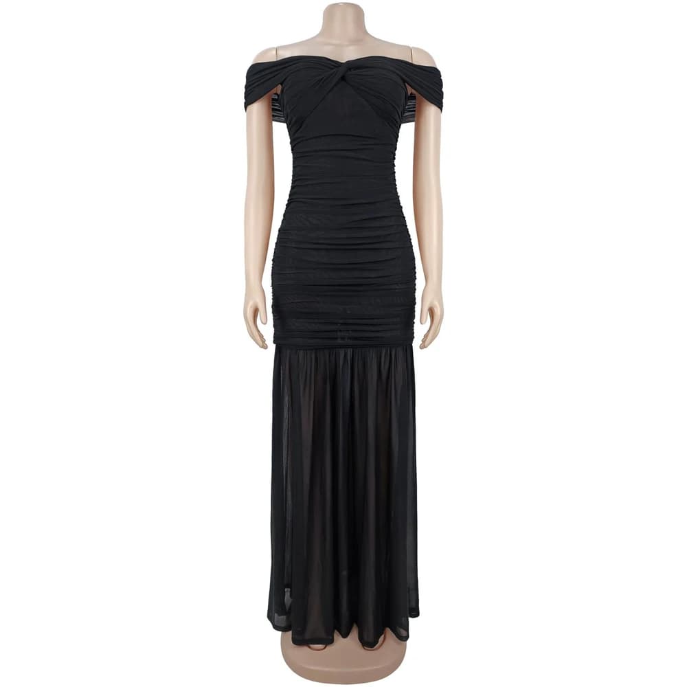 Off-Shoulder Ruched Fishtail Evening Gown