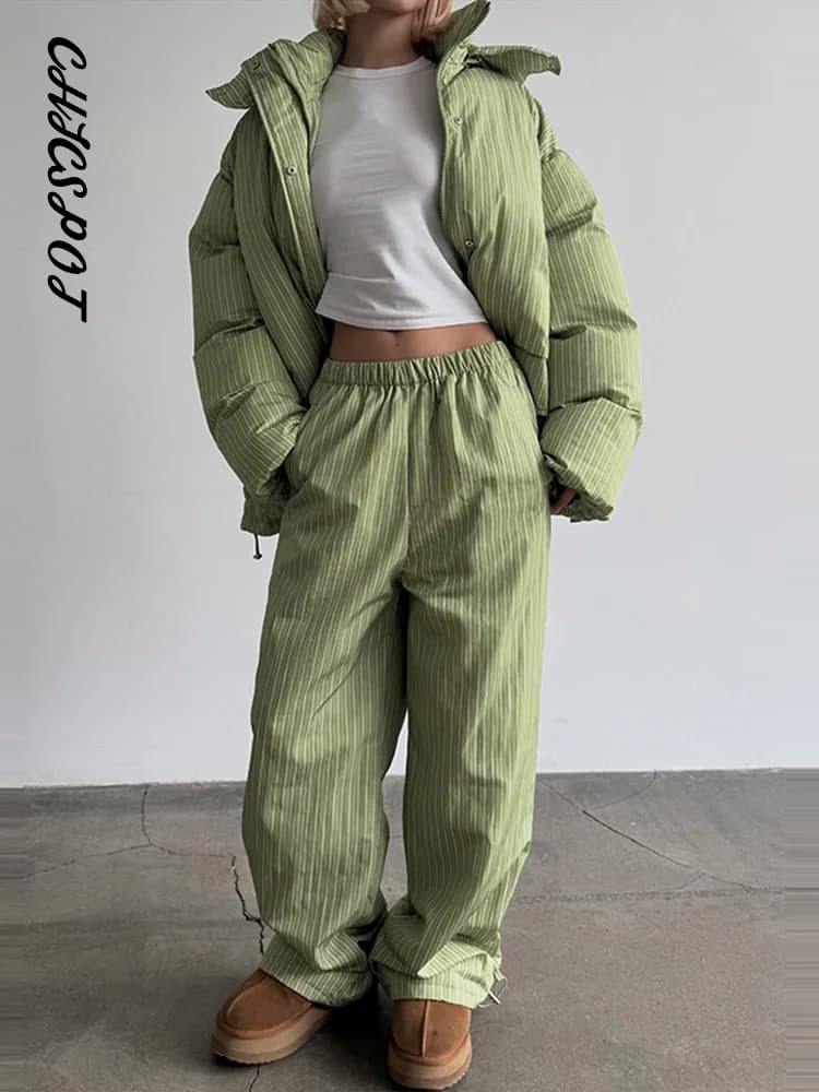Women's Striped Hooded Padded Jacket and Lantern Pants Set