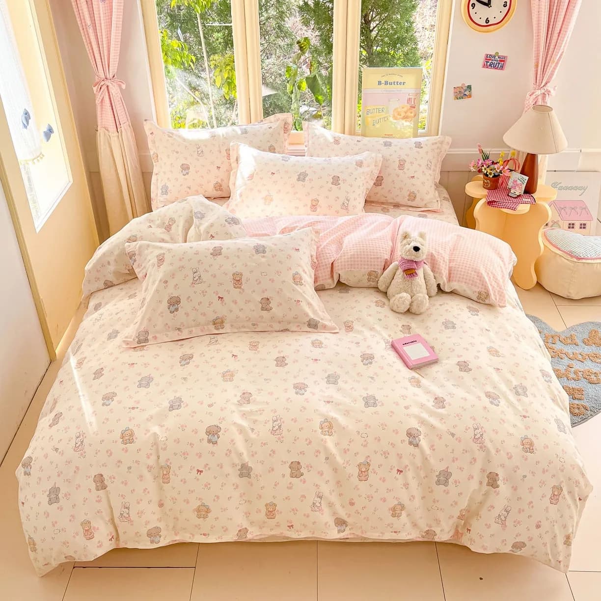 Cartoon Print 100% Cotton Bedding Sets Queen King Floral Duvet Cover Set with Flat Sheets and Pillowcase Single Double Bed Set