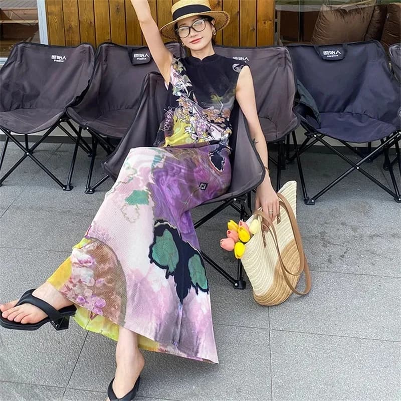 Womens Dresses Woman Clothes  Miyake High-grade Pleated Print Dress Chinese National Style Cheongsam Skirt Fishtail Skirt Summer
