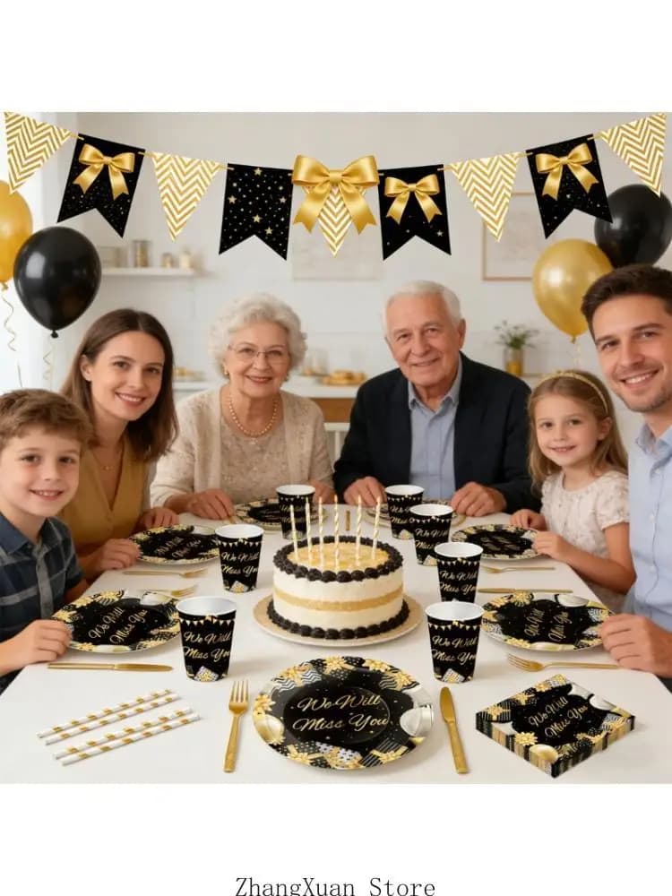 Elegant Dark And Shimmering Retirement Party Decorations Set Designed With High Quality White Cardstock For A Special