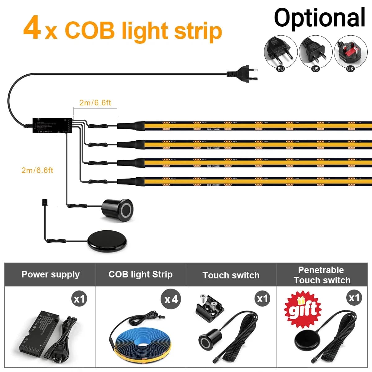 LED Strip Light Kit 2-10 PCS Linkage Lighting EU US UK Black PCB Board With Embedded Touch Switch & Touch/Hand Scan Panel Switch