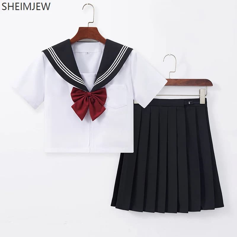 Japanese School Sailor Uniform Black White Three-Piece Set