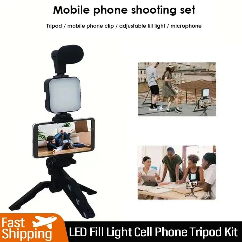 Smartphone Vlogging Kit With Tripod Phone Holder Mini Microphone LED Fill Light Starter For TikTok Live Stream Video YouTube