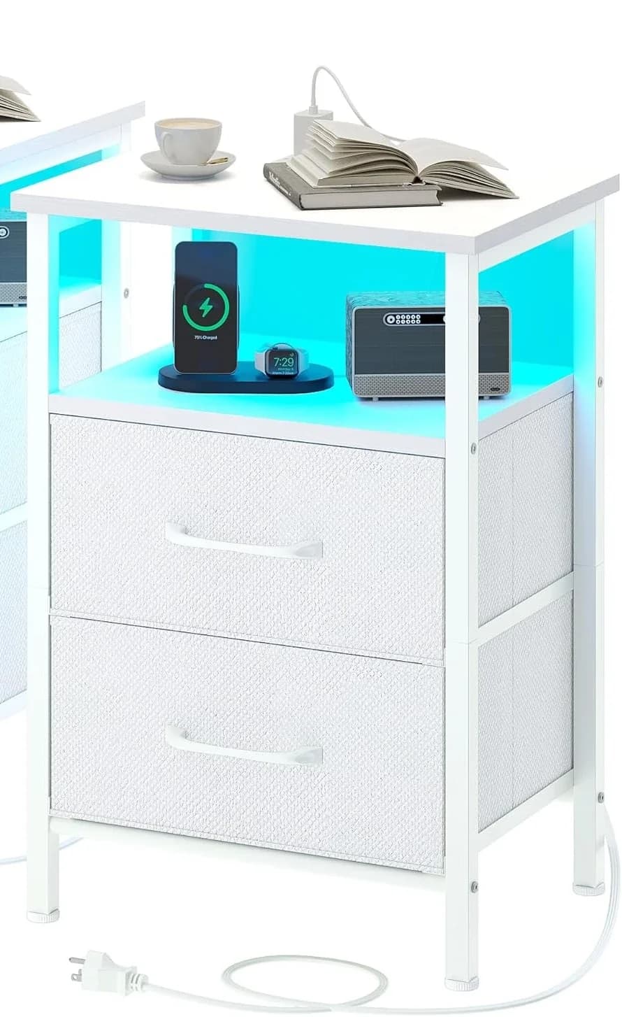 Nightstands Set Charging Station Cool Lights Bedside Table Fabric Drawers Bedroom Small Side End Table With Open Shelf Greige