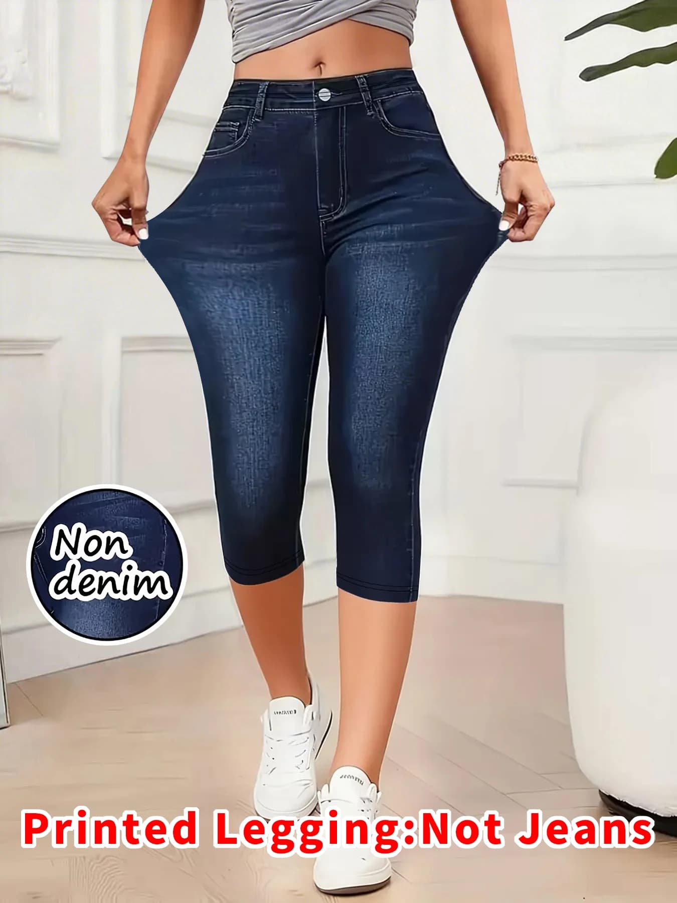 Women's Summer Capri Leggings with Denim Print
