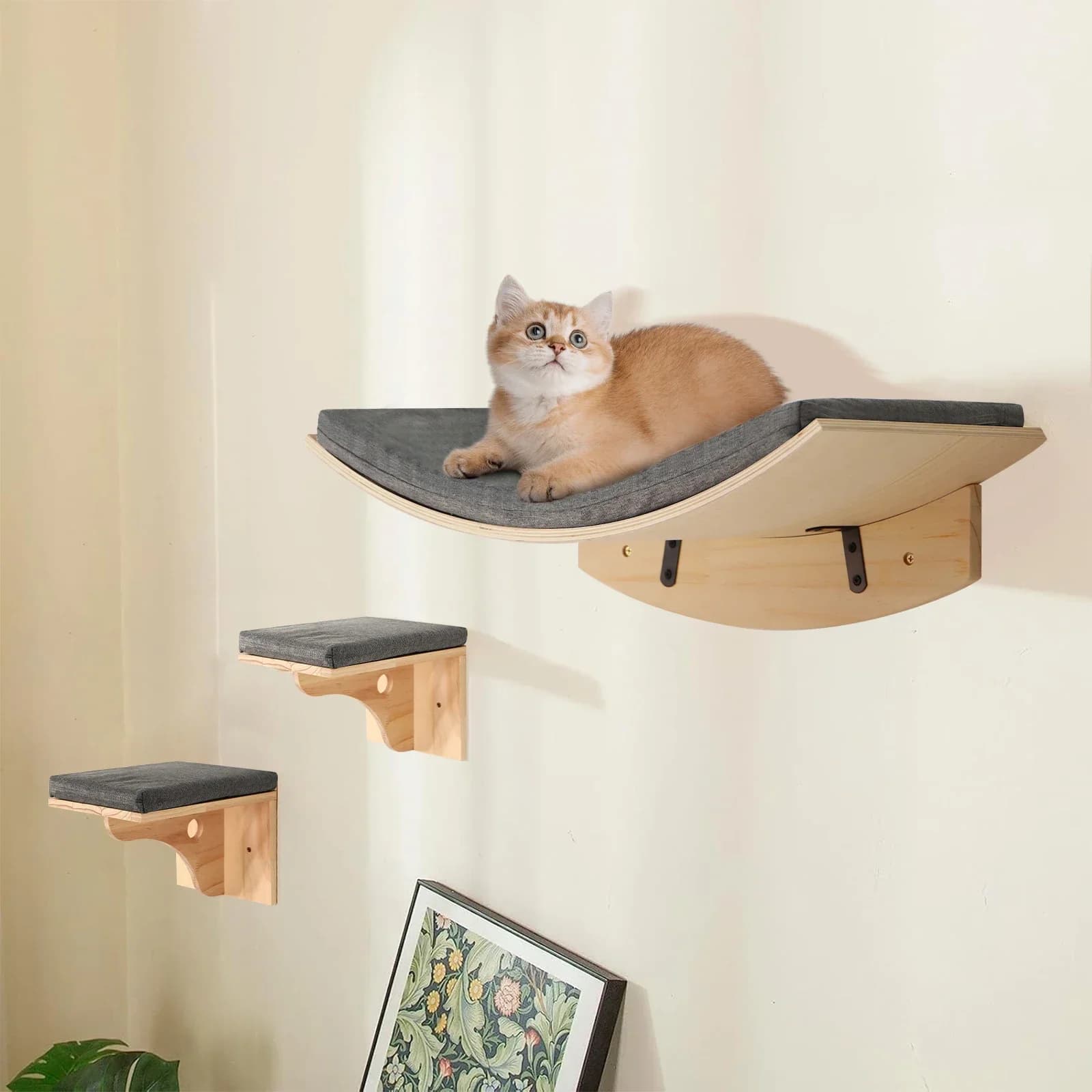 Wall-Mounted Cat Tree with Hammock and Stairs