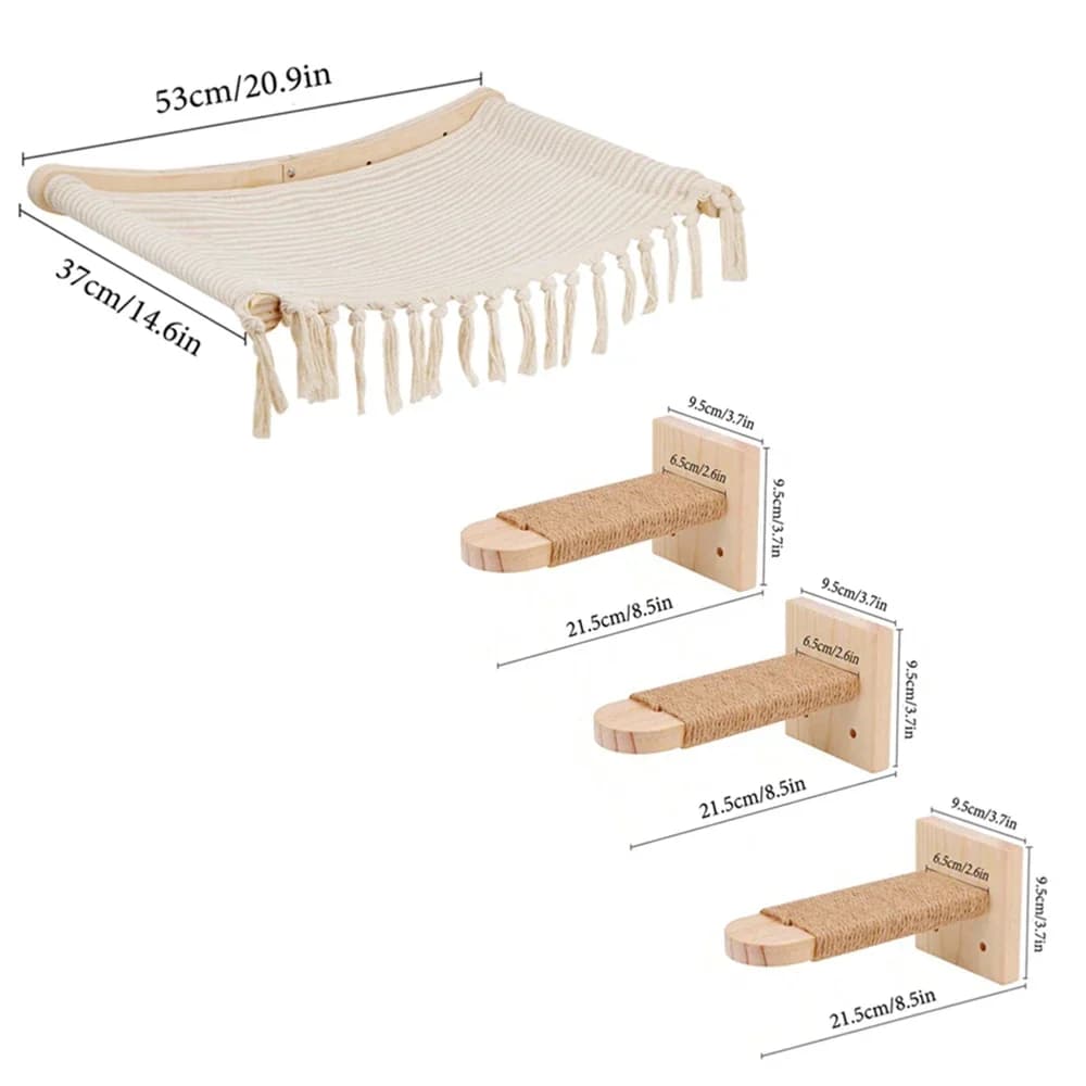 Wall-Mounted Cat Tree with Hammock and Stairs
