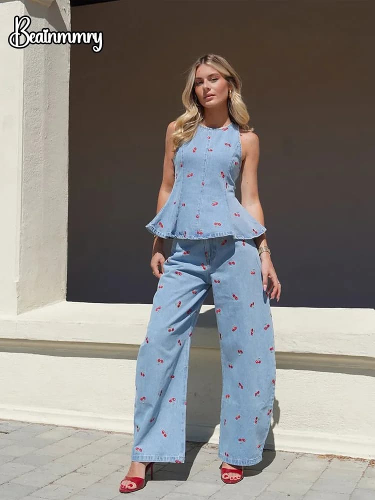 Denim Printed Sleeveless 2-Piece Suit Set