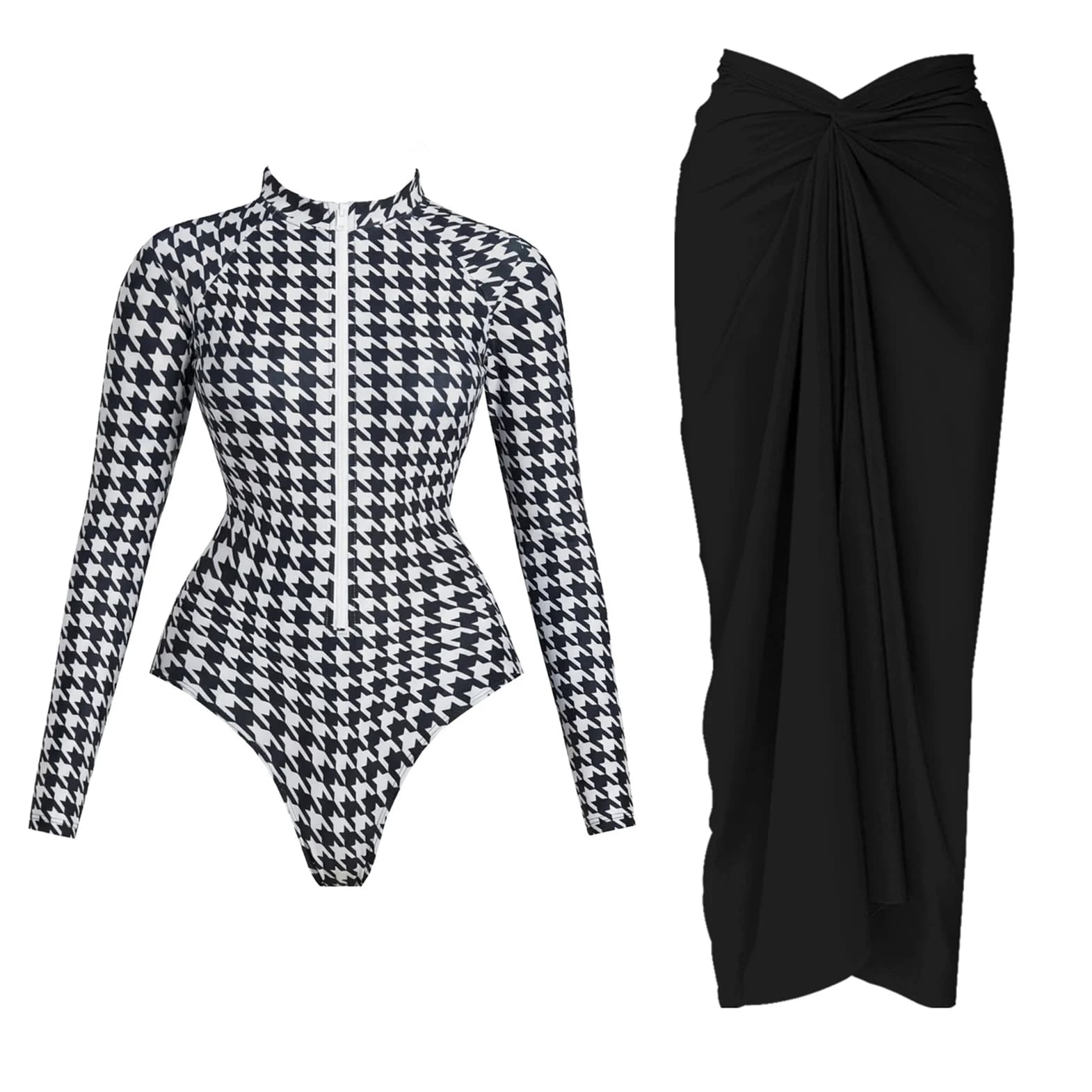 Black White Patchwork Long Sleeve One-Piece Swimsuit