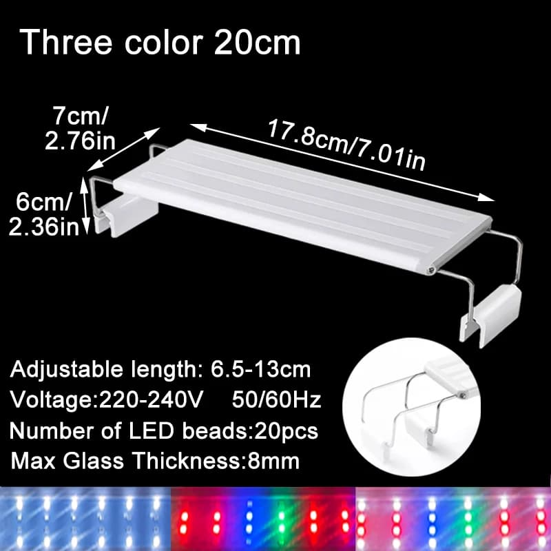 Aquarium LED Fish Tank Light, 3 Color Full Spectrum Adjustable Water Plant Lamp, Telescopic Clip-On Light for 18-75cm Aquariums