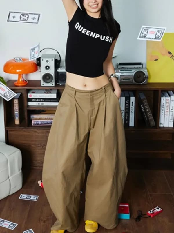 Khaki Pleated Wide Leg Balloon Pants