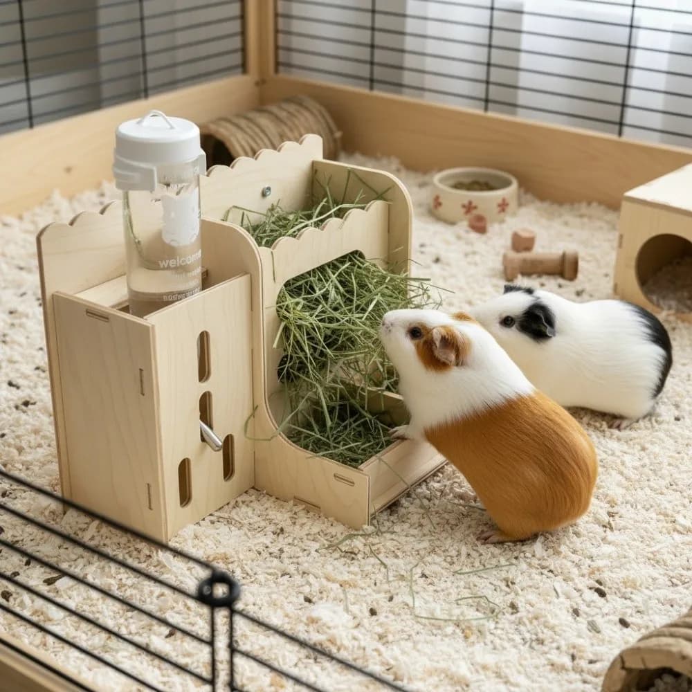 Wooden Rabbit Hay Feeder with Water Bottle