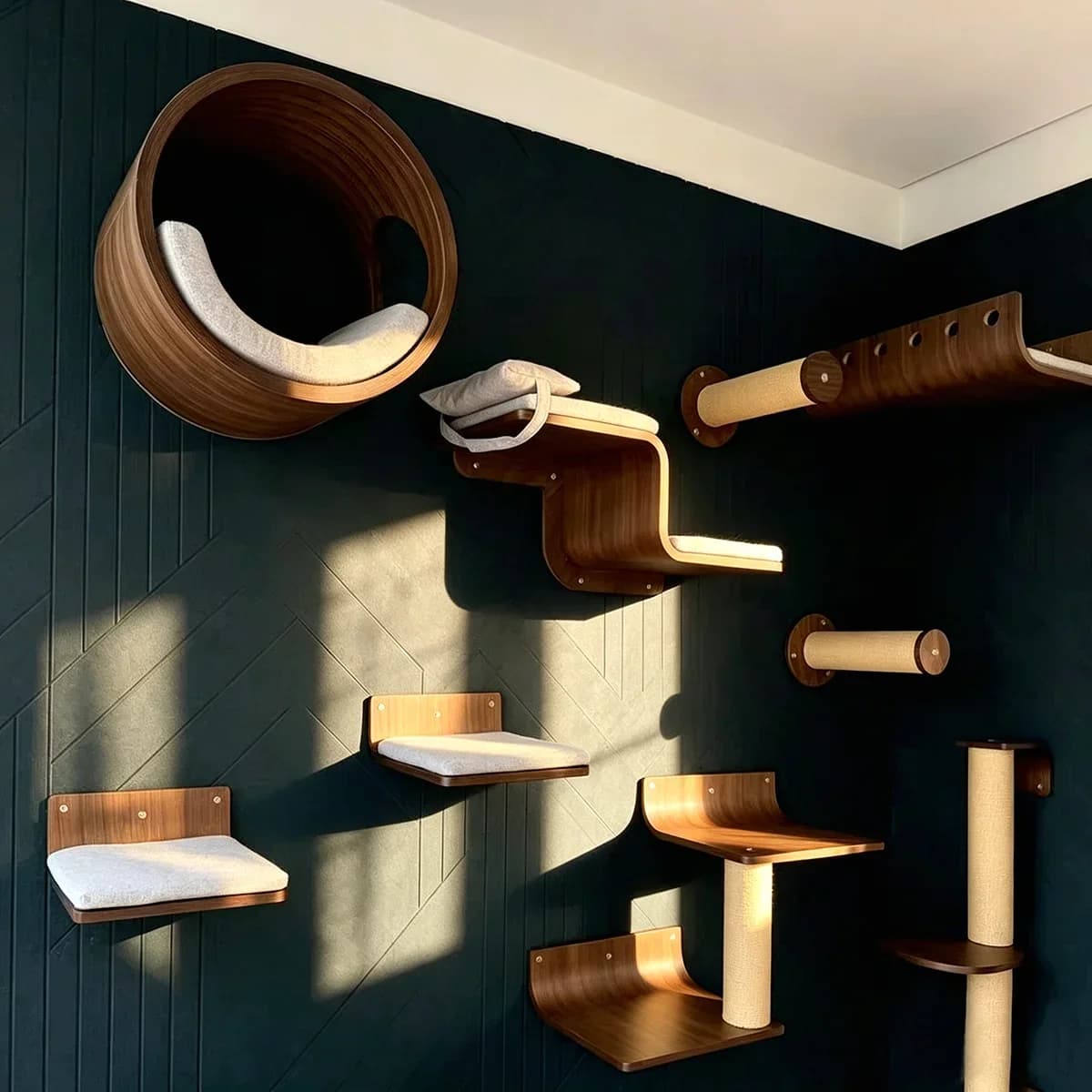 Wall-Mounted Cat Tree with Hammock and Stairs
