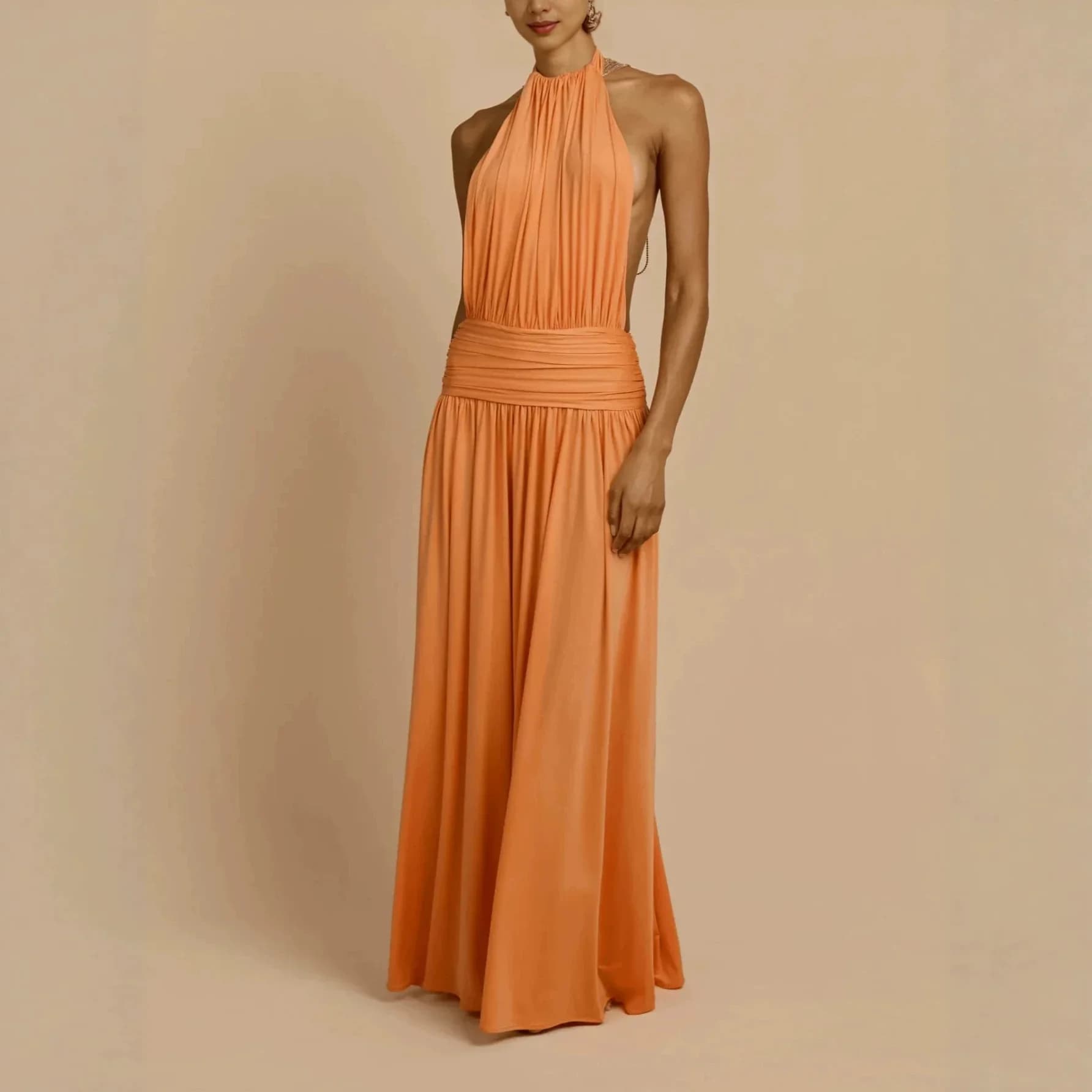 Elegant Halter Pleated Neck Evening Dress