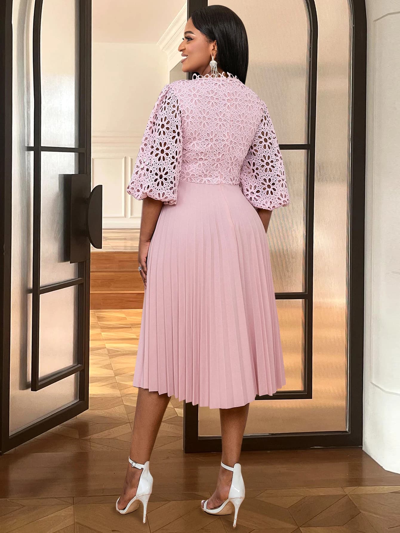 White Lace Puff Sleeve Pleated A-Line Dress