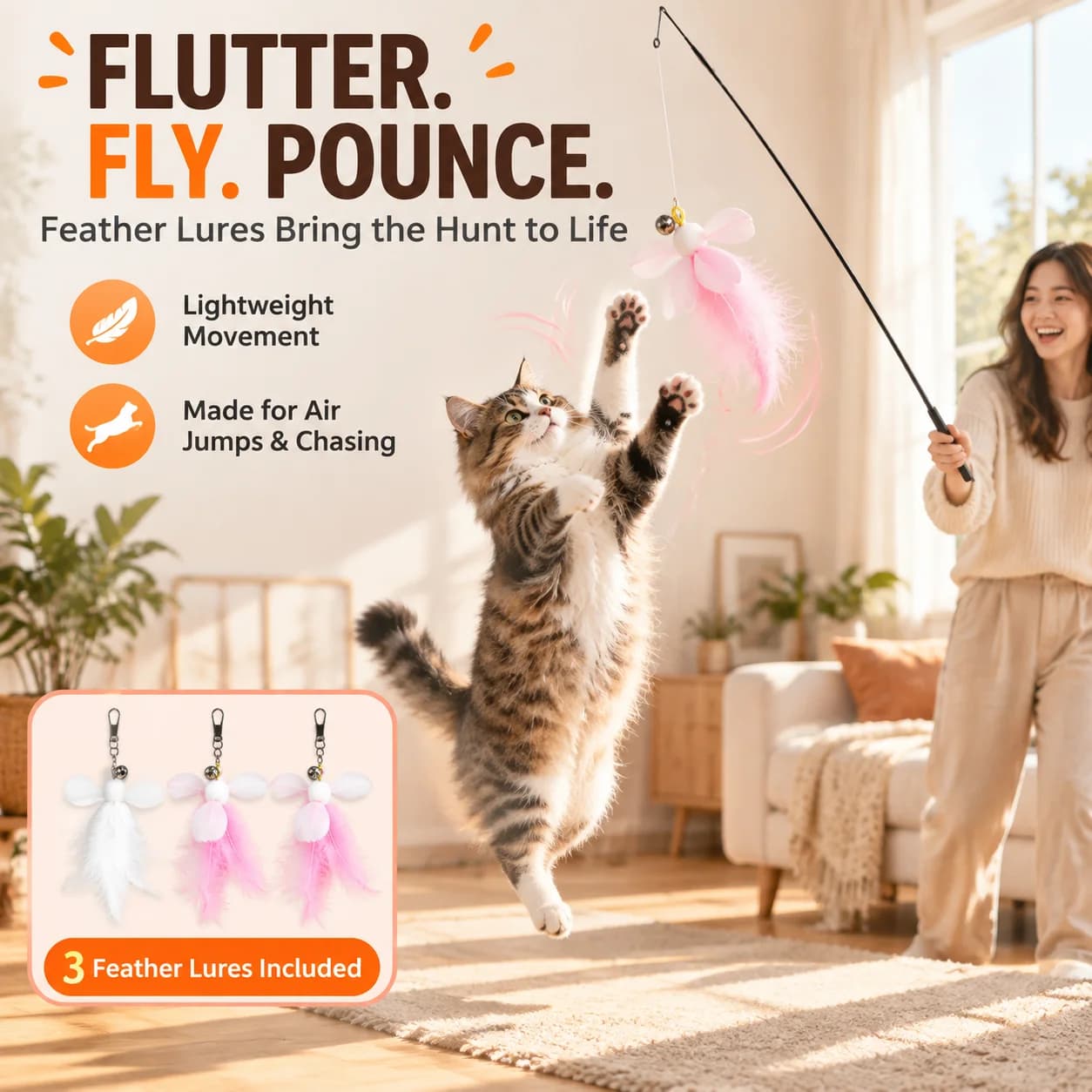 Telescopic Cat Wand Toy with 6 Feather Lures
