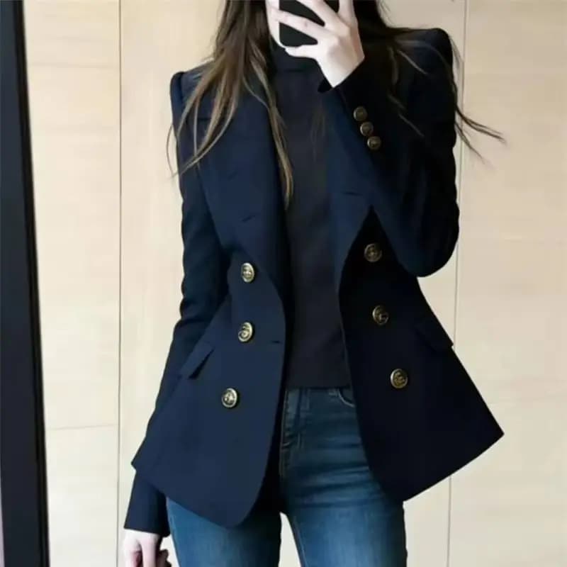 Navy Blue Double-Row Slim Fit Blazer