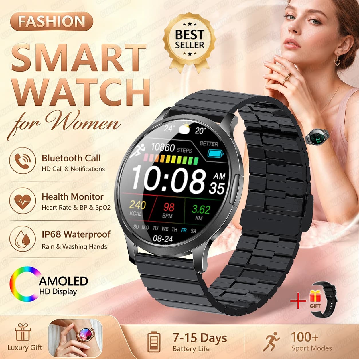 2026New Smart Watch 1.32”AMOLED Ultra-thin Display 100+Sports modes Blood Pressure Waterproof Bluetooth call Bracelet Women Gift