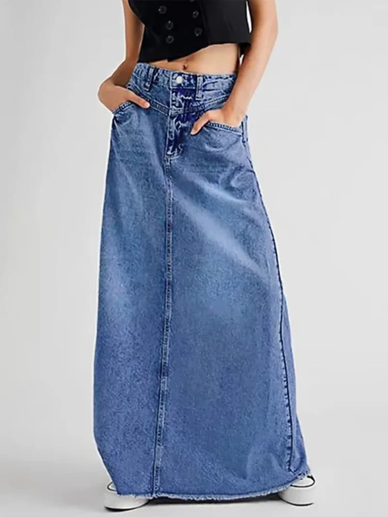 Women's A-Line Denim Skirt with Distressed Splice