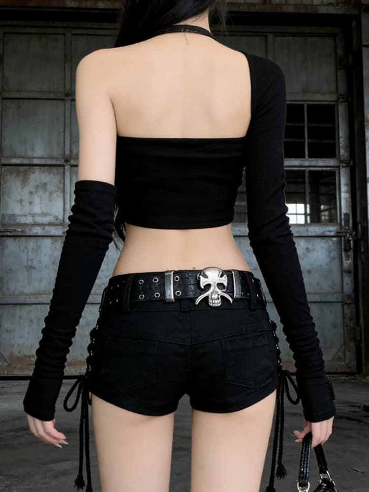 Black Gothic Denim Shorts Low Waist