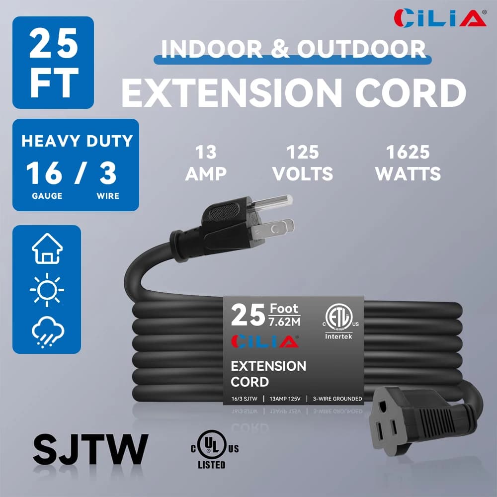 Heavy-Duty 25FT Extension Cord 125V Outdoor Use US Standard for Outdoor Power Extension For Outdoor Lighting UL Certification