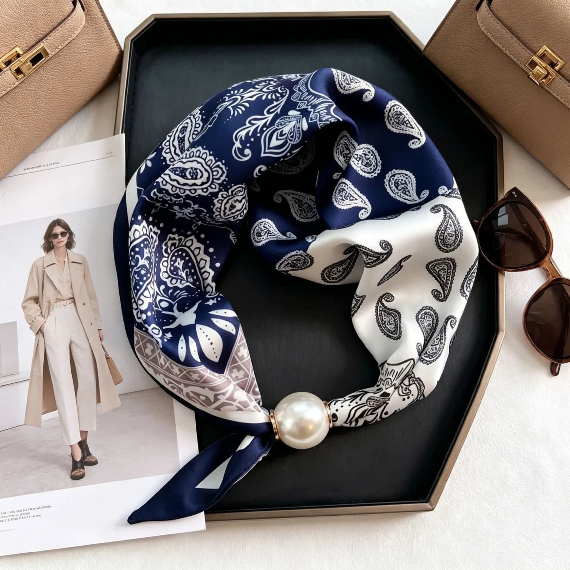 Pearl Stripe Magnetic Buckle Scarf