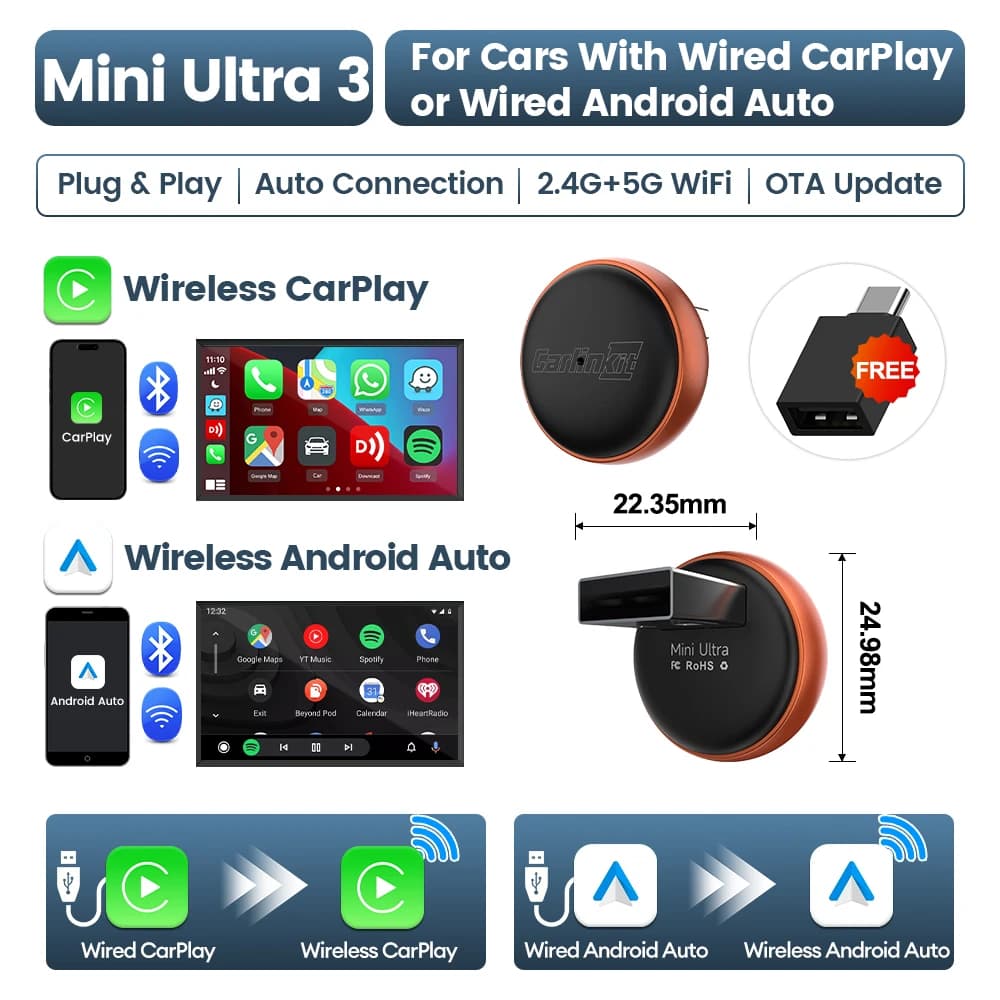 Mini Ultra 3 CarlinKit 5.0 Wireless Adapter Wireless CarPlay Android Auto For OEM Car Plug & Play WiFi Bluetooth Auto Connection
