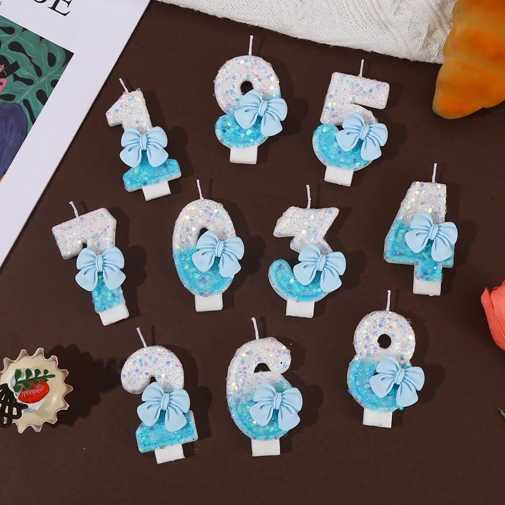 Light Blue Bow Number Candles