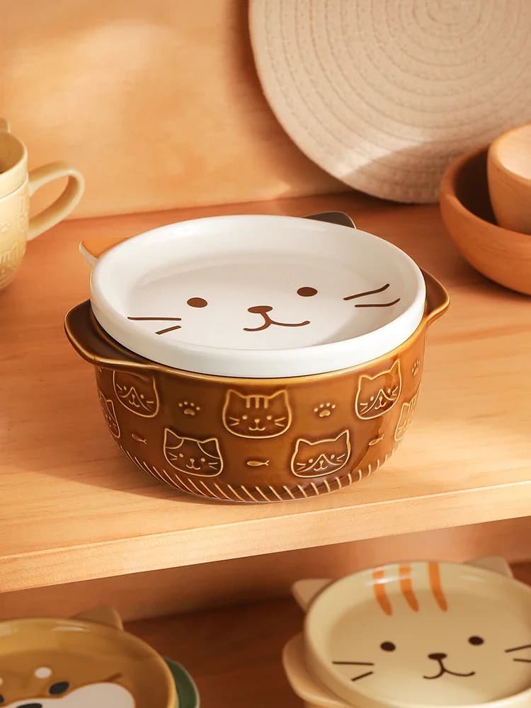 Ceramic Cat and Dog Noodle Bowls with Lids