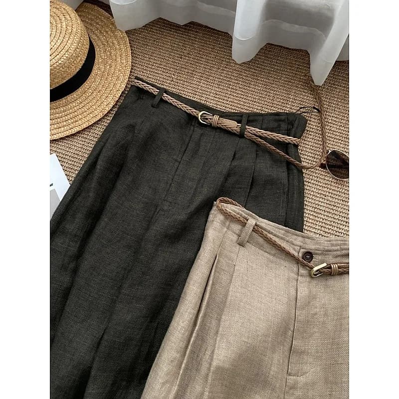 Khaki Linen Wide-Leg High-Waist Summer Pants