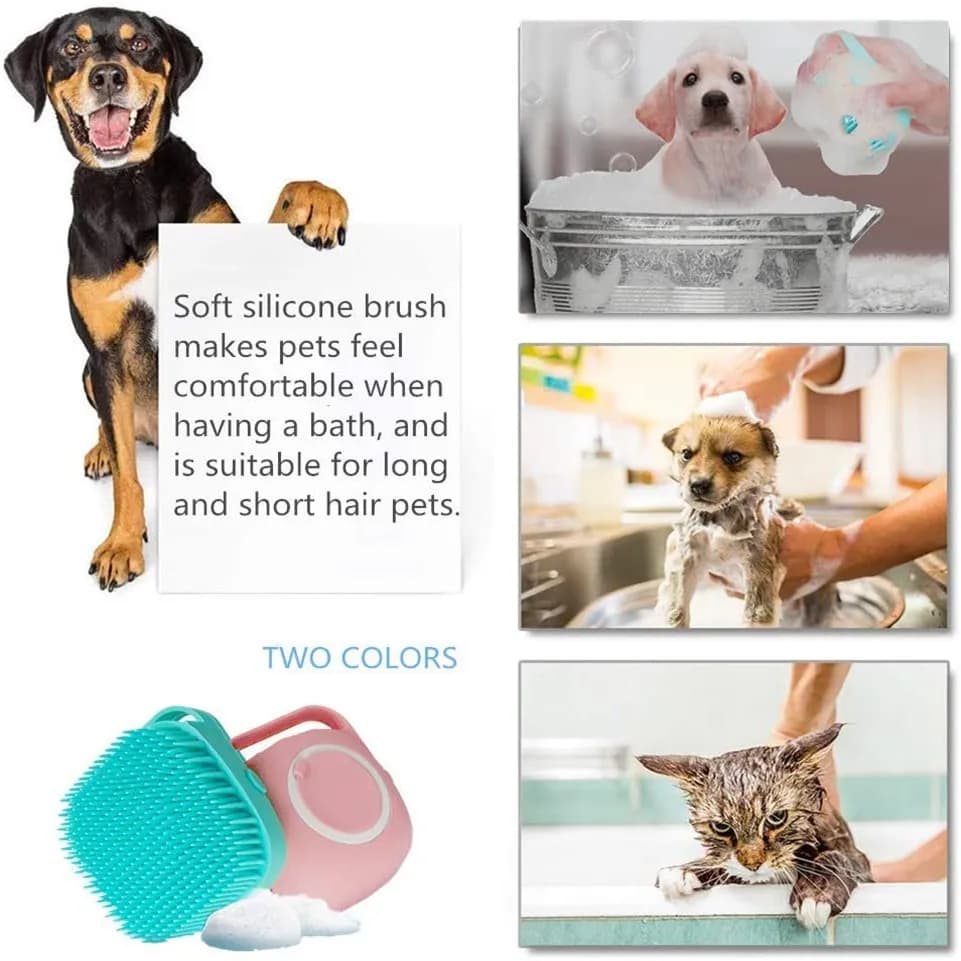 Pet Massage Brush Dog Bathing Brush Shampoo Dispenser Soft Silicone Brush Rubber Bristle for Dogs and Cats Shower Grooming Tool