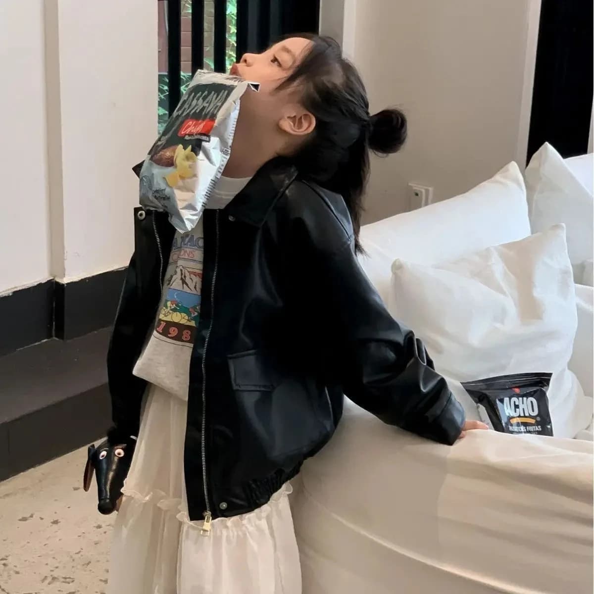 Girls Retro Black Leather Jacket