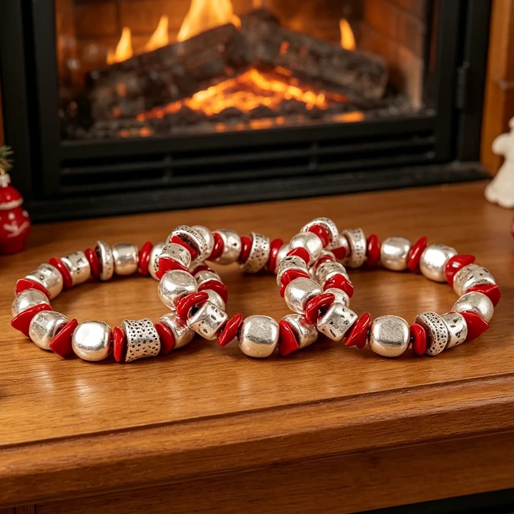 Red and Antiqued Silver Stackable Beaded Bracelet Set