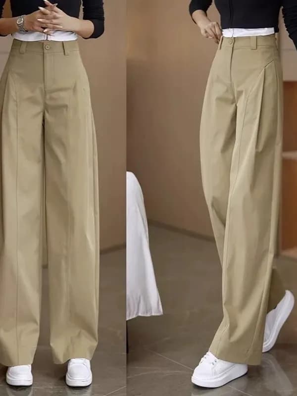 Women's High Waist Khaki Straight Leg Trousers