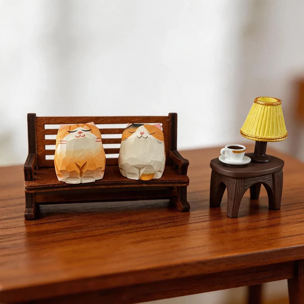 Hand Carved Wooden Cat Figurines Cute Kitten Statue with Mini Bench Home Orange Calico Cat Ragdoll Cat Desktop Ornament Gift