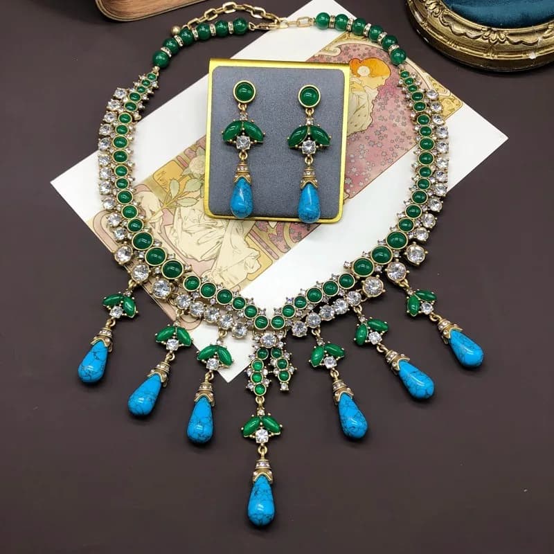 High‑Grade Jewelry Set, Blue Turquoise & Agate Beaded Necklace & Tassel‑Pendant Earrings, Luxury Elegant Women Fashion Accessory