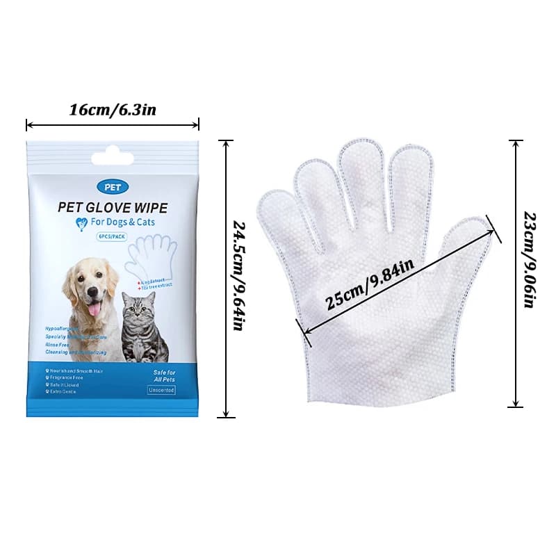 6Pcs Pet Wipes Gloves Free Cleaning Dog & Cat Wipes Puppies and Kittens Bathing Deodorization Paws Disposable Cleaning Gloves