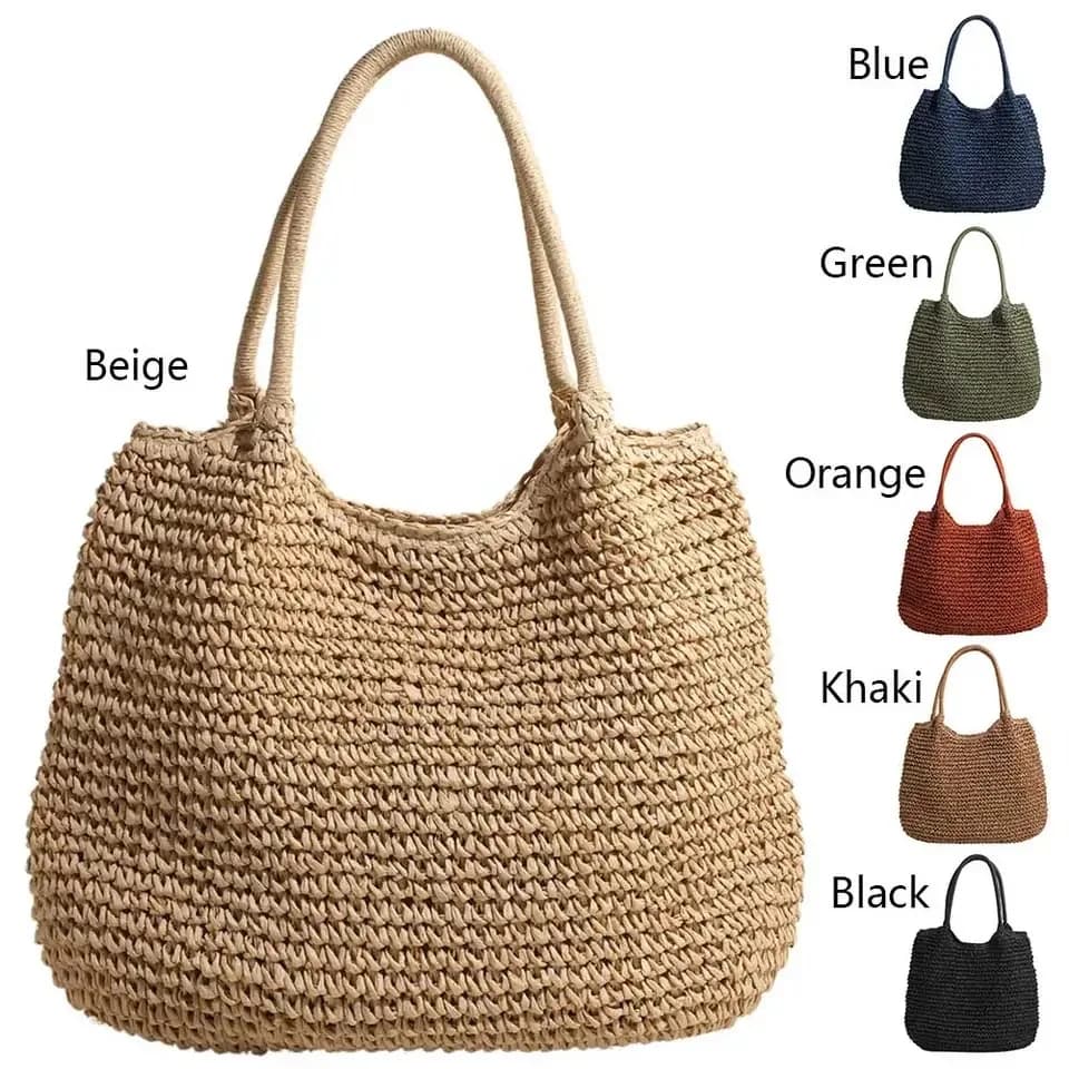 Women Straw Bag Tote Handbag Large Capacity Vintage Shoulder Bag Solid Color Simple Weaving Handbag Ladies Summer Daily Bag