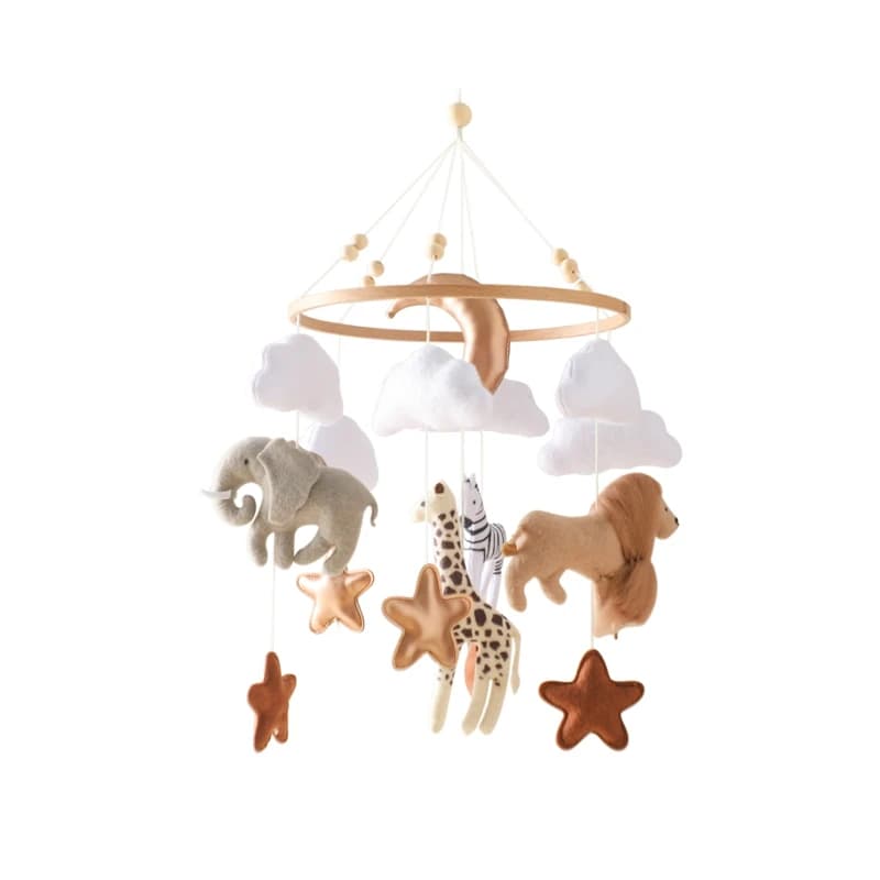 Wooden Crib Mobile with Music Box and Soft Felt Animals