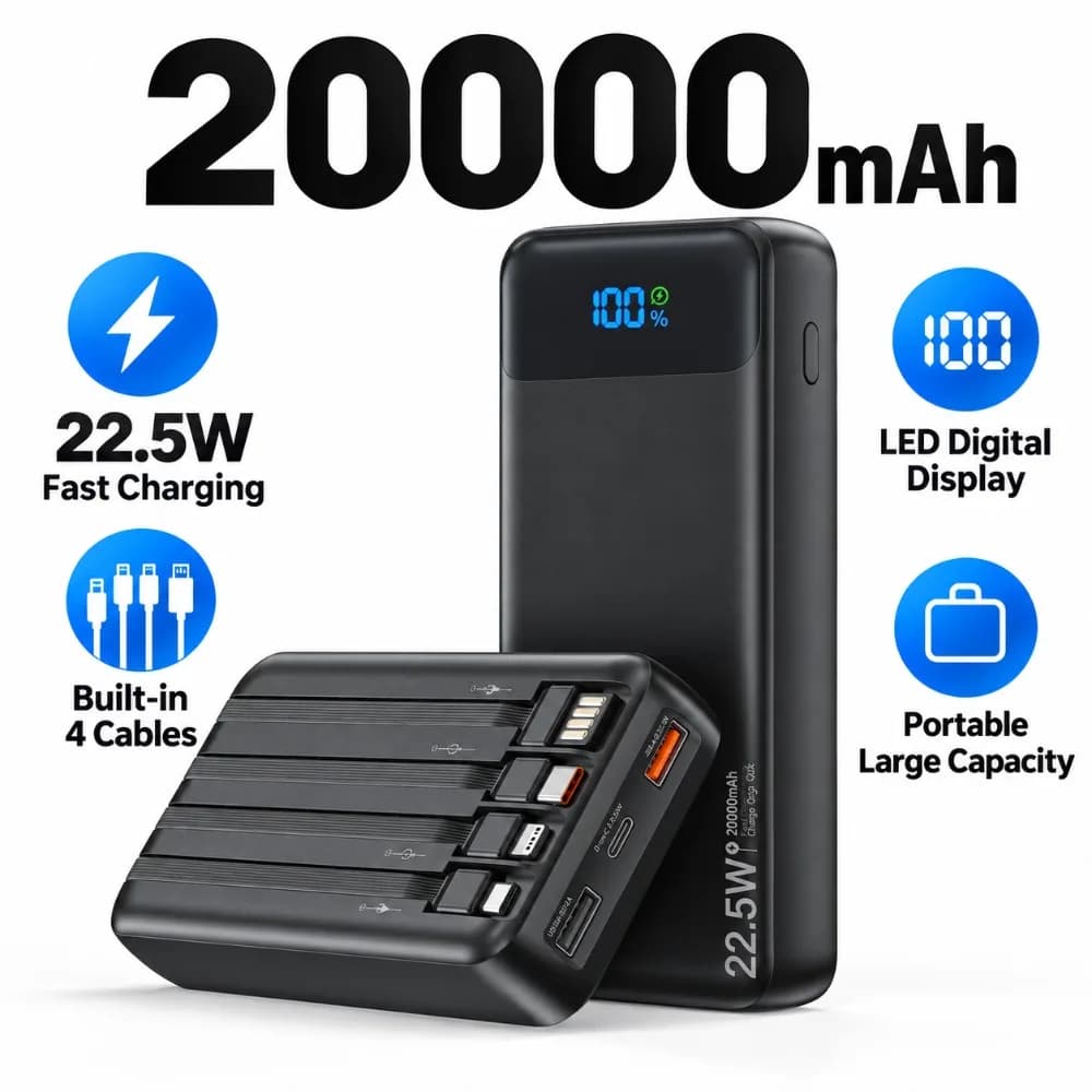 20000mAh Power Bank with Built-in Cables
