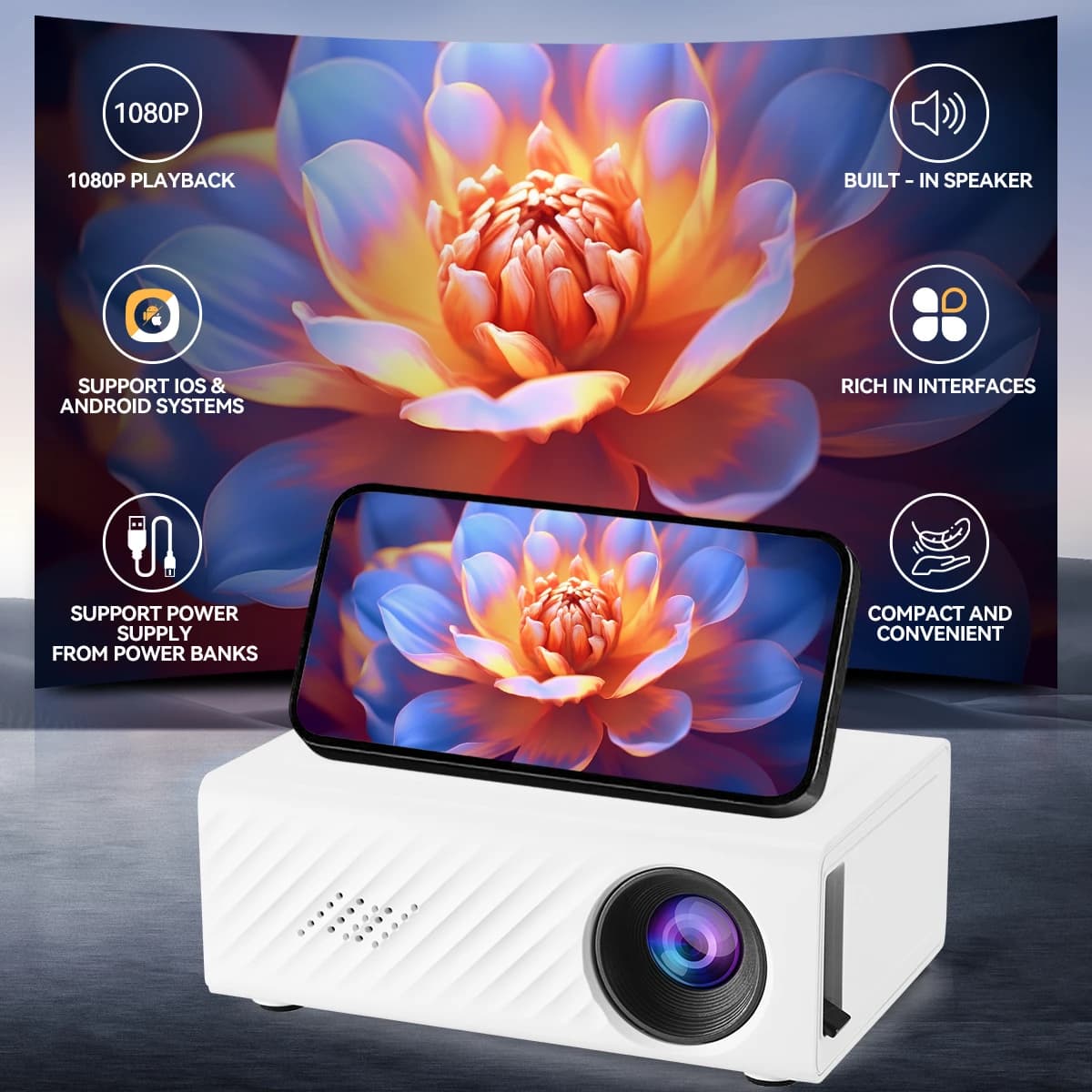 Mini Portable Projector, Home LED Portable Projector, HD Resolution Projector, Can Connect to a Mobile Phone